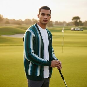 Bogey Boys Men's L Button Front Striped cardigan Sweater Teal New‎ Pockets